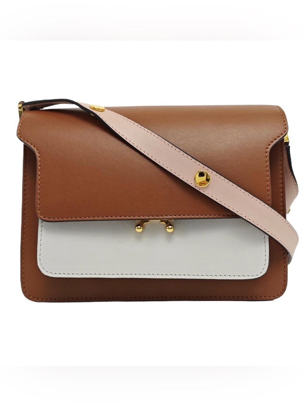 Marni Medium Trunk AUTHENTIC Brown White Leather Shoulder Bag Very Good Conditio